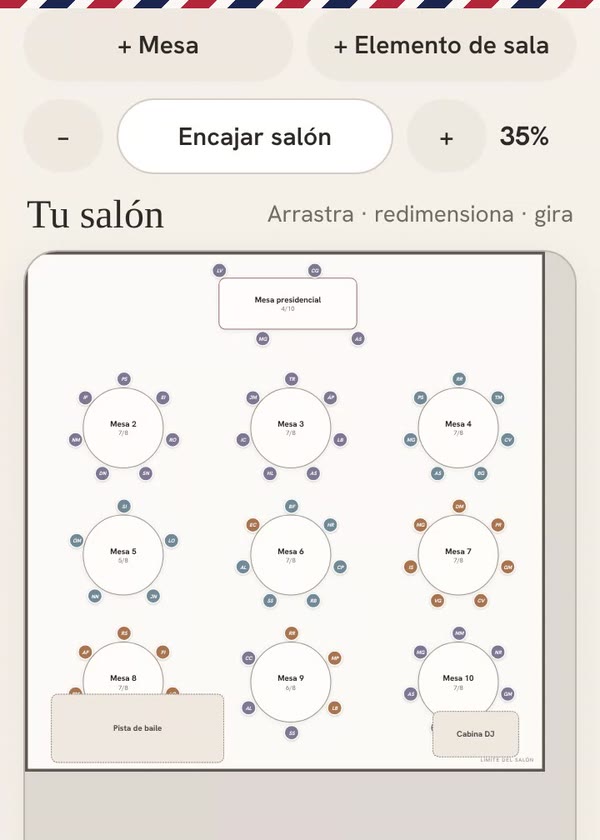 Plano de mesas en el móvil: el salón dibujado con sus mesas y los invitados asignados
