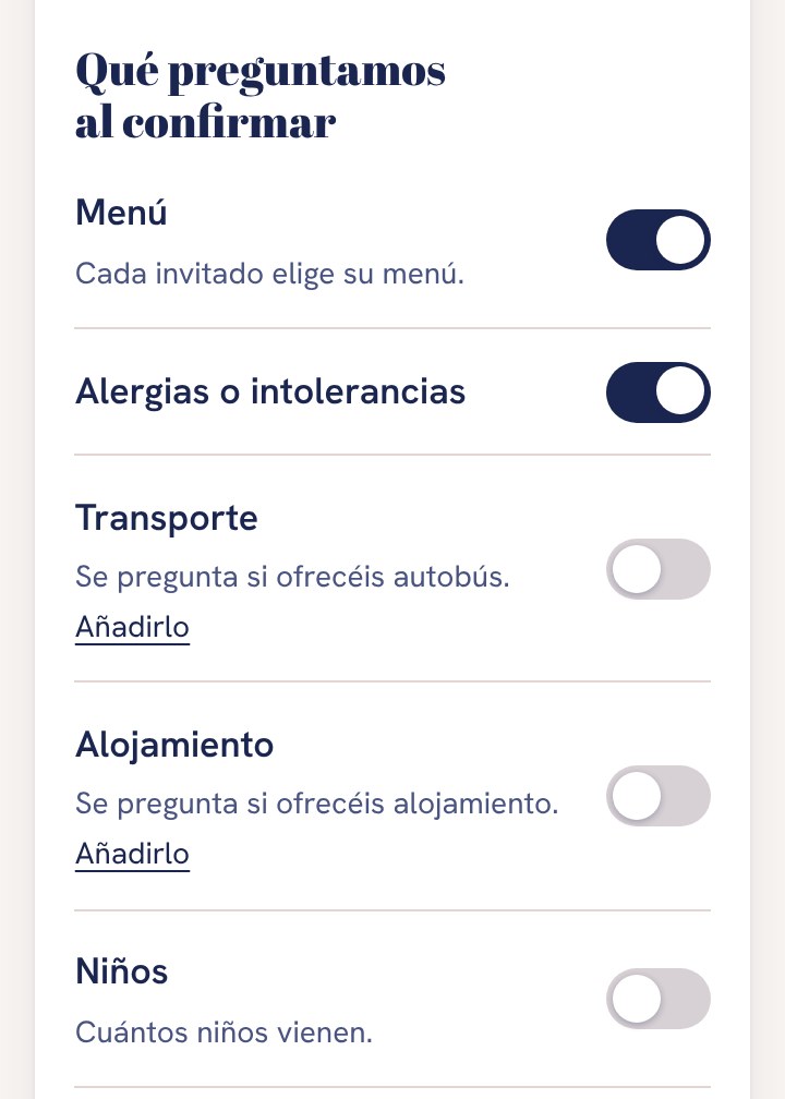 Qué se pregunta al confirmar en GUEST: menú y alergias activados, y transporte, alojamiento y niños para activar.